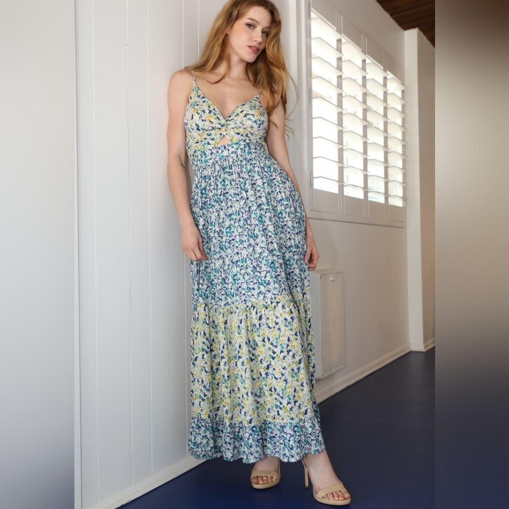 Angie Floral V Neck Twist Front Peekaboo Tiered Maxi Dress Boho Whimsical M